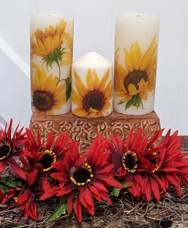 Sunflower Bouquet Tall Handmade Decoupage Candle.