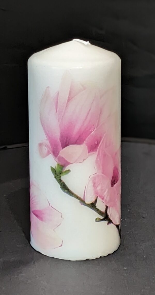 Our Magnolia blossoms are decoupaged/emboss onto a white unscented paraffin candle. A beautiful gift for someone special.